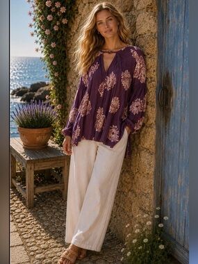 Free People Purple Floral Peasant Top - Women's Boho Blouse